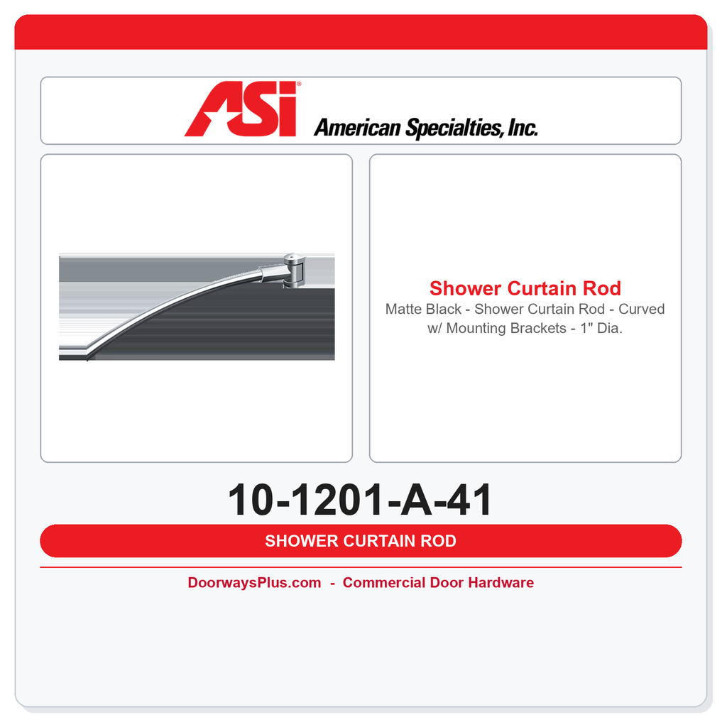 ASI 10-1201-A-41 Matte Black Curved Shower Curtain Rod w/ Mounting Brackets – 1" Dia. 61-63"L