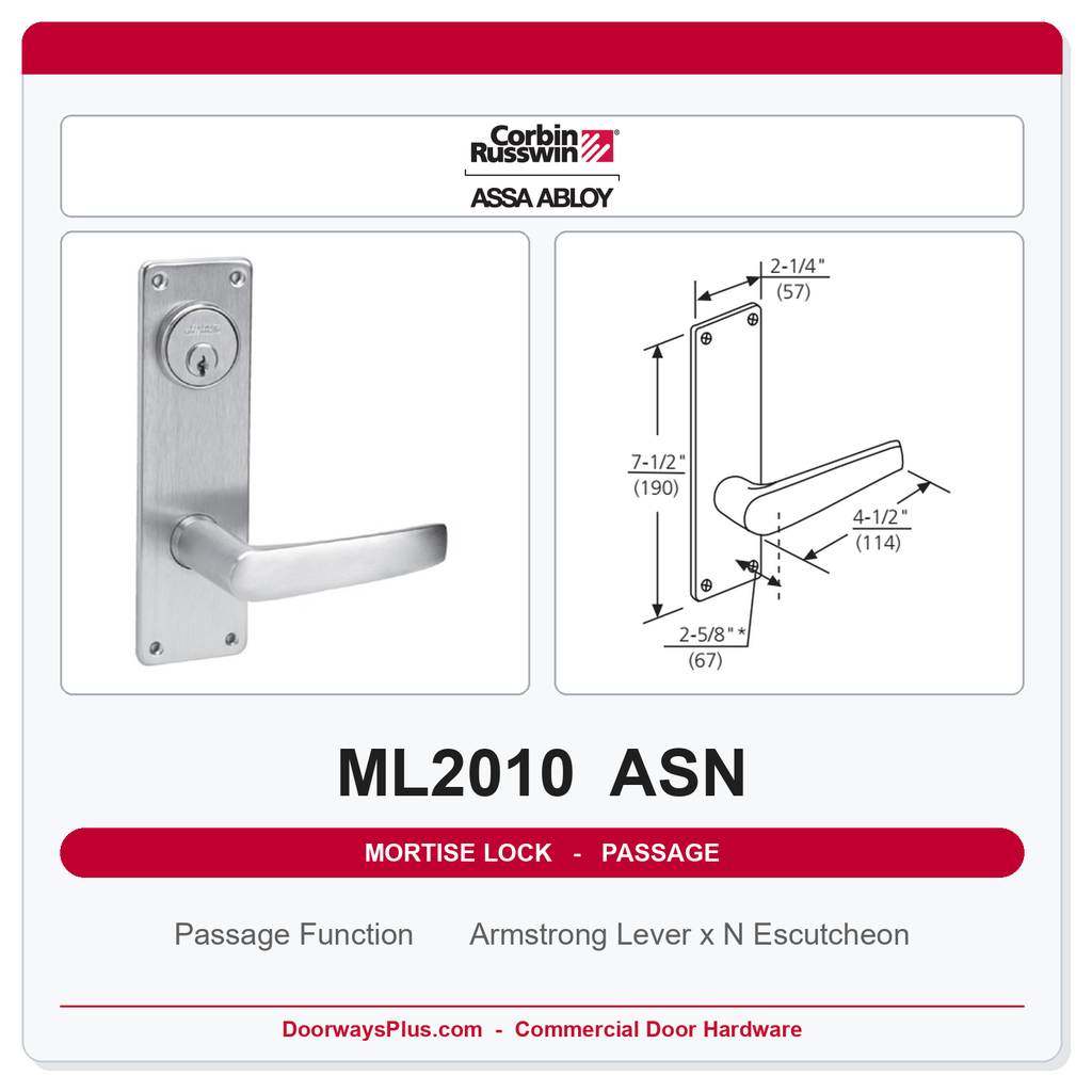 Corbin Russwin ML2010 ASN Passage or Closet Mortise Latchset | Grade 1 Commercial