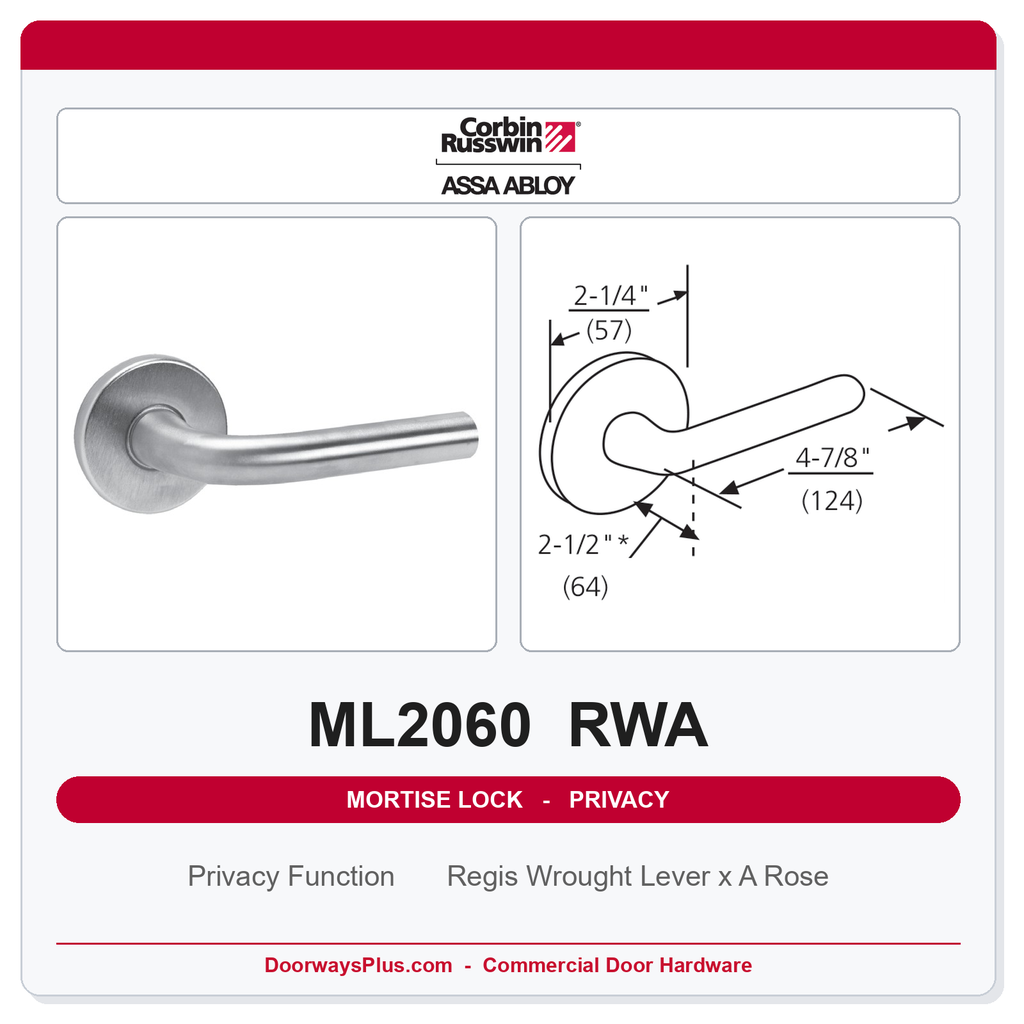 Corbin Russwin ML2060 RWA Privacy Mortise Latchset | Grade 1 Commercial