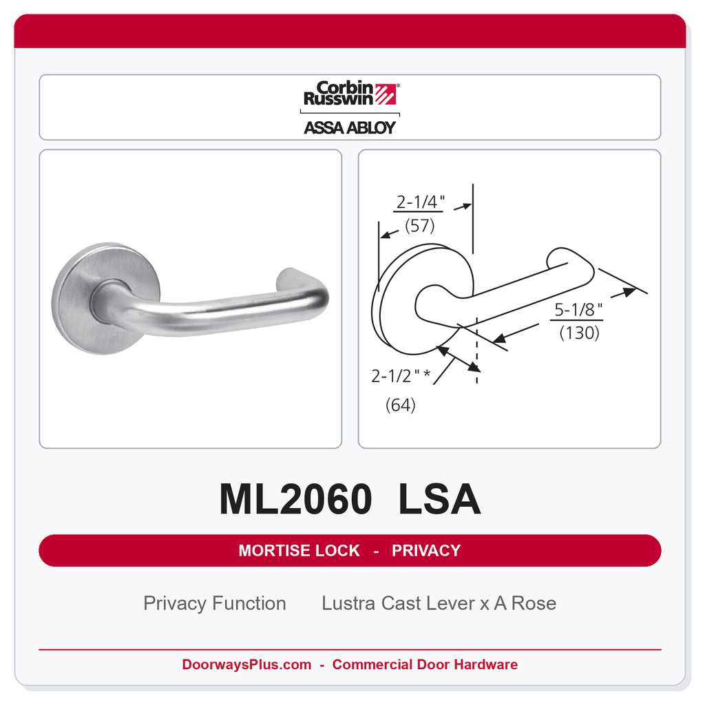 Corbin Russwin ML2060 LSA Privacy Mortise Latchset | Grade 1 Commercial