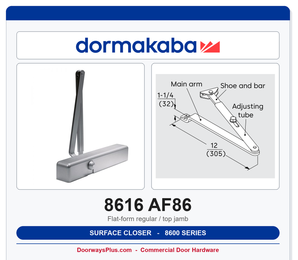 Dorma 8616 AF86 Surface Door Closer Non-Hold Open Regular / Top Jamb | ANSI Grade 1 | UL Listed