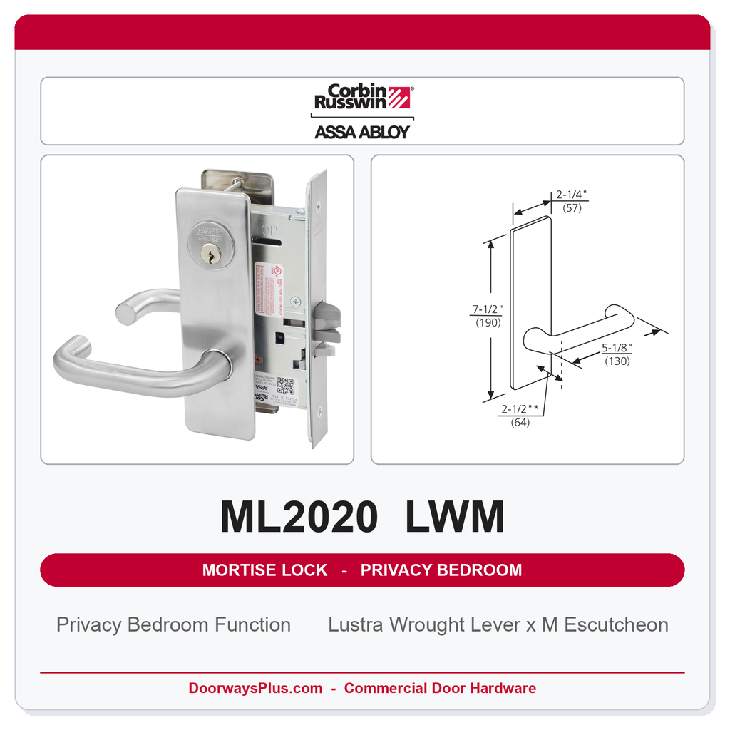 Corbin Russwin ML2020 LWM Privacy Bedroom or Bathroom Mortise Lockset | Grade 1 Commercial