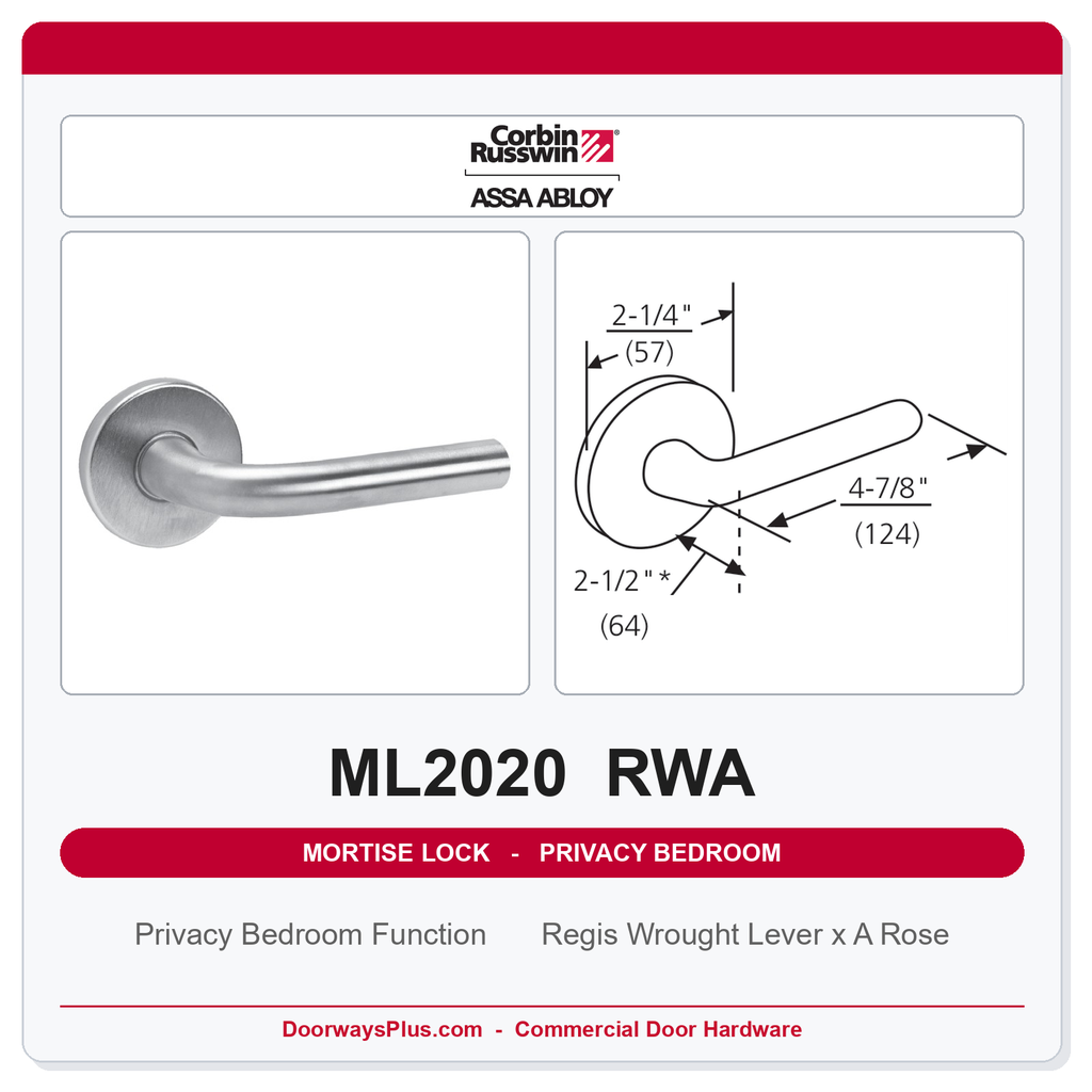 Corbin Russwin ML2020 RWA Privacy Bedroom or Bathroom Mortise Lockset | Grade 1 Commercial