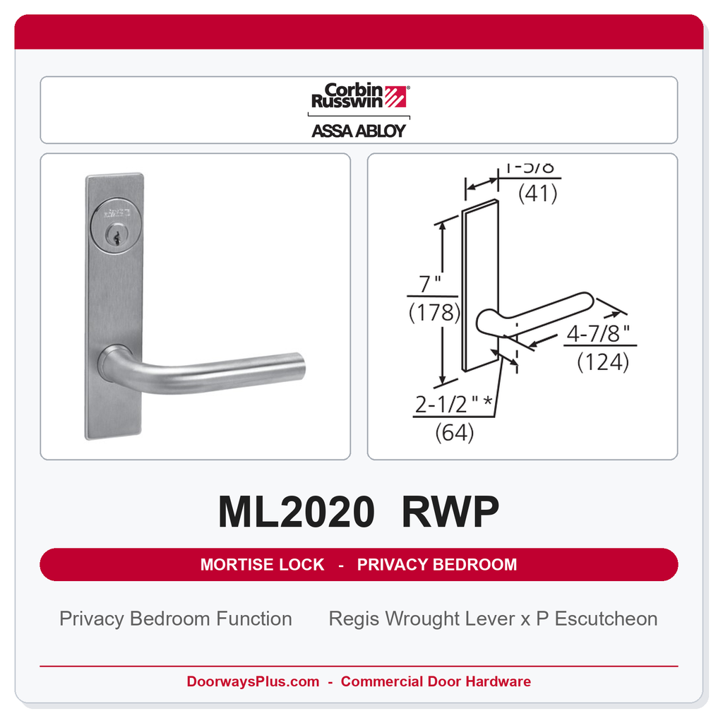 Corbin Russwin ML2020 RWP Privacy Bedroom or Bathroom Mortise Lockset | Grade 1 Commercial