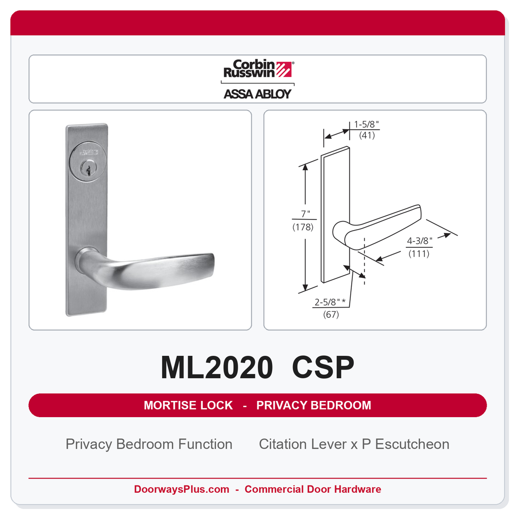 Corbin Russwin ML2020 CSP Privacy Bedroom or Bathroom Mortise Lockset | Grade 1 Commercial