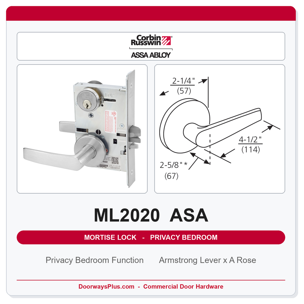 Corbin Russwin ML2020 ASA Privacy Bedroom or Bathroom Mortise Lockset | Grade 1 Commercial