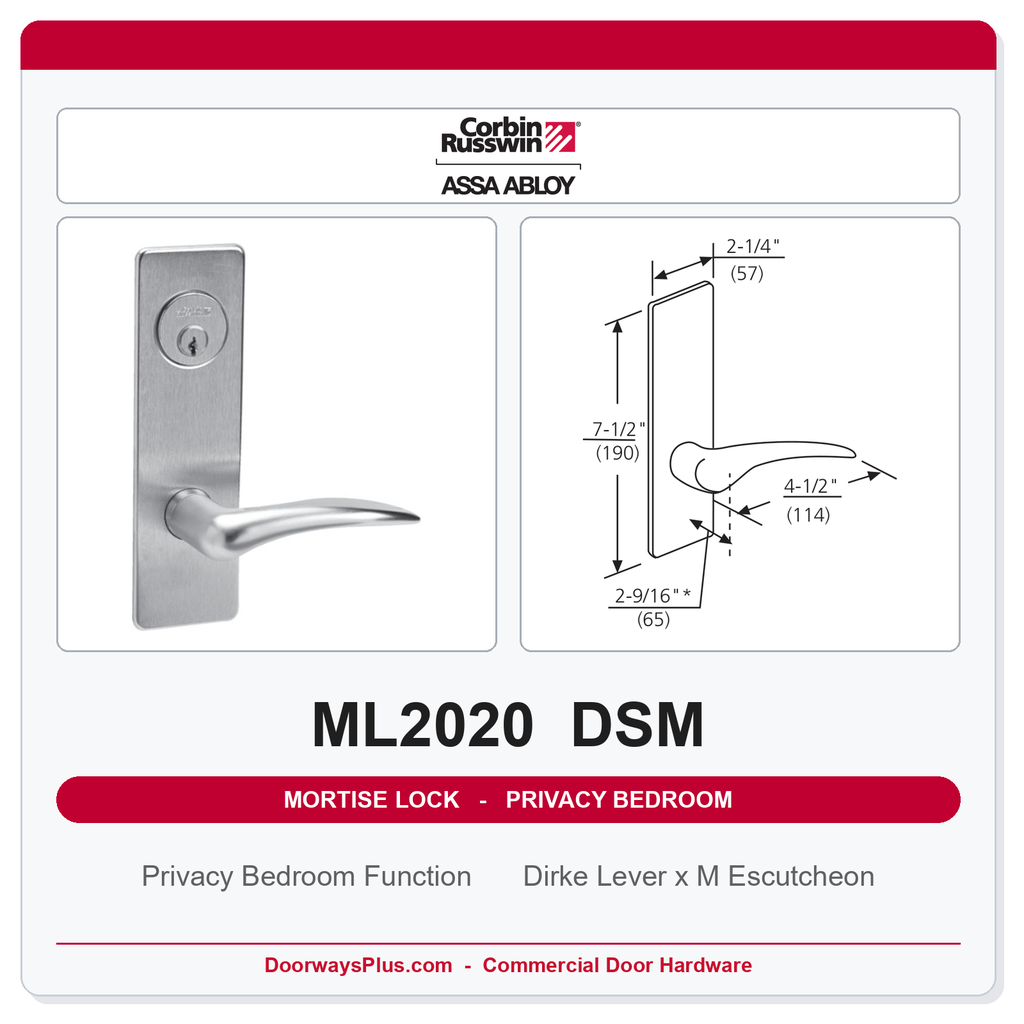 Corbin Russwin ML2020 DSM Privacy Bedroom or Bathroom Mortise Lockset | Grade 1 Commercial