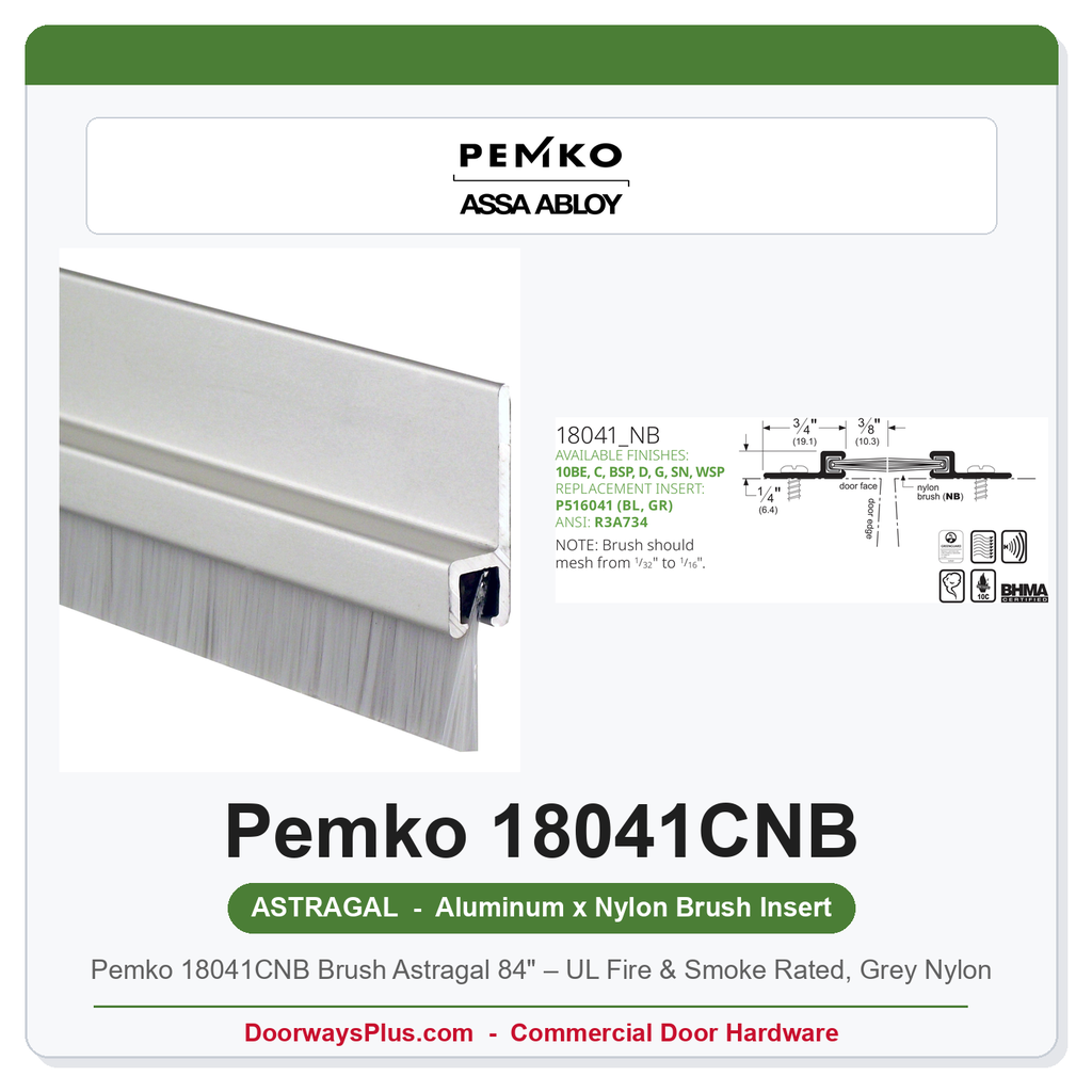 Pemko 18041CNB Brush Astragal 84" – UL Fire & Smoke Rated, Grey Nylon