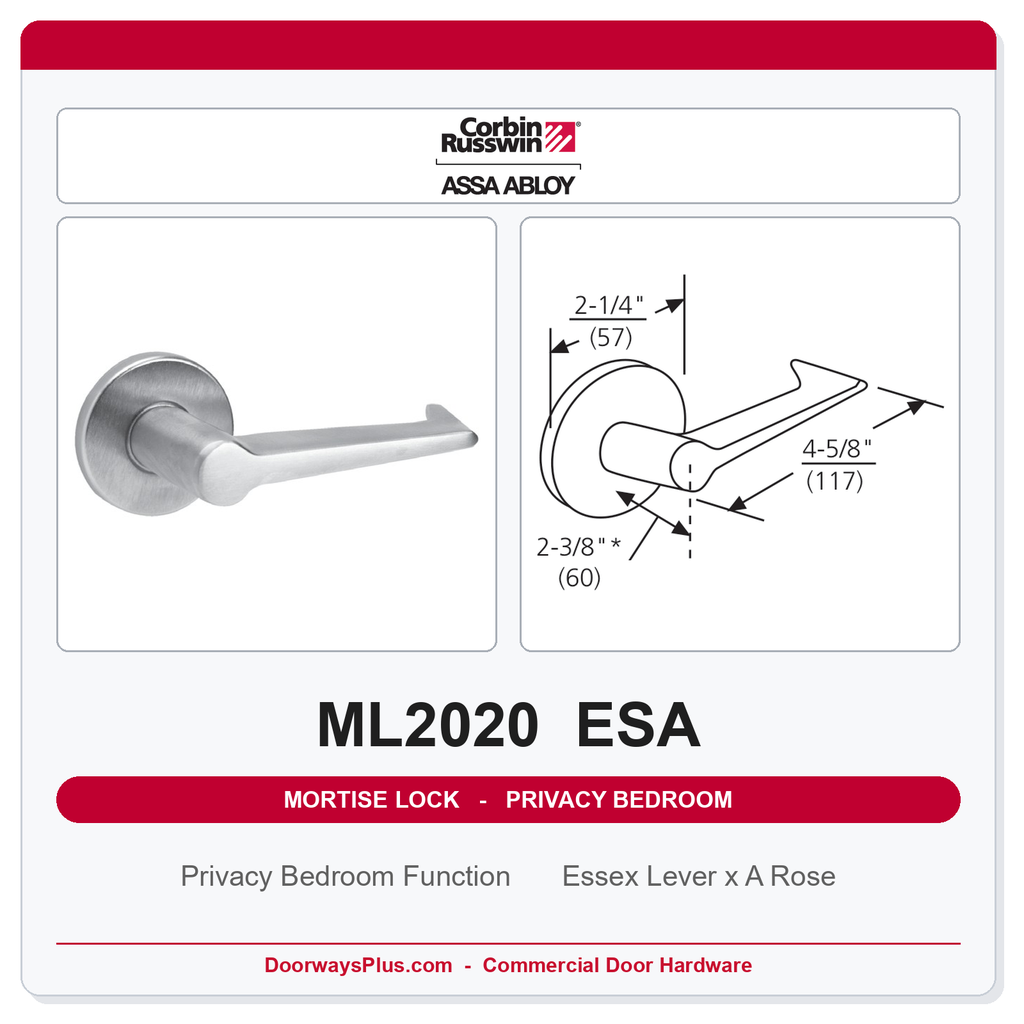 Corbin Russwin ML2020 ESA Privacy Bedroom or Bathroom Mortise Lockset | Grade 1 Commercial