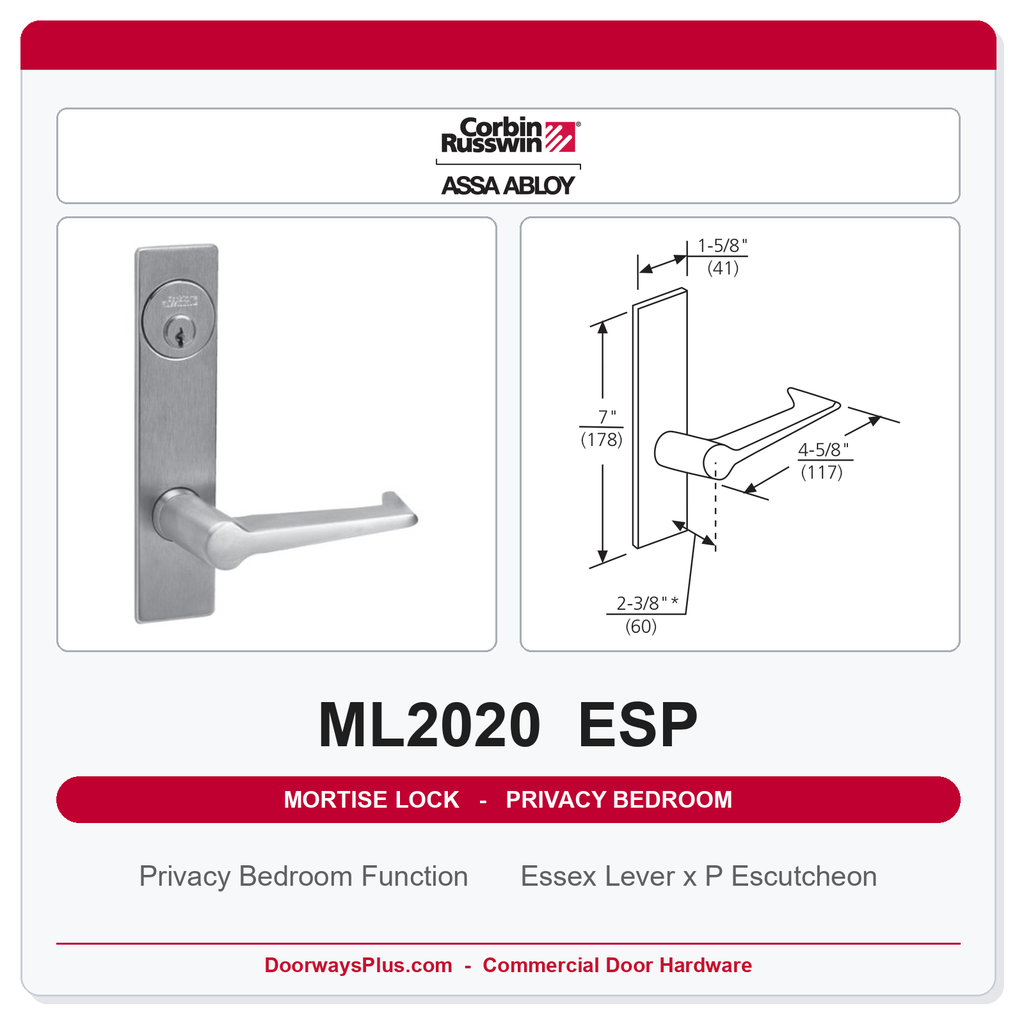 Corbin Russwin ML2020 ESP Privacy Bedroom or Bathroom Mortise Lockset | Grade 1 Commercial