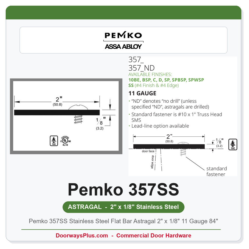 Pemko 357SS Stainless Steel Flat Bar Astragal 2" x 1/8" 11 Gauge 84"
