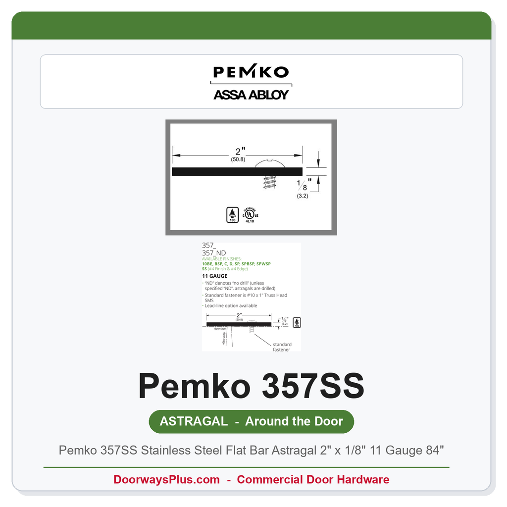 Pemko 357SS Stainless Steel Flat Bar Astragal 2" x 1/8" 11 Gauge 84"