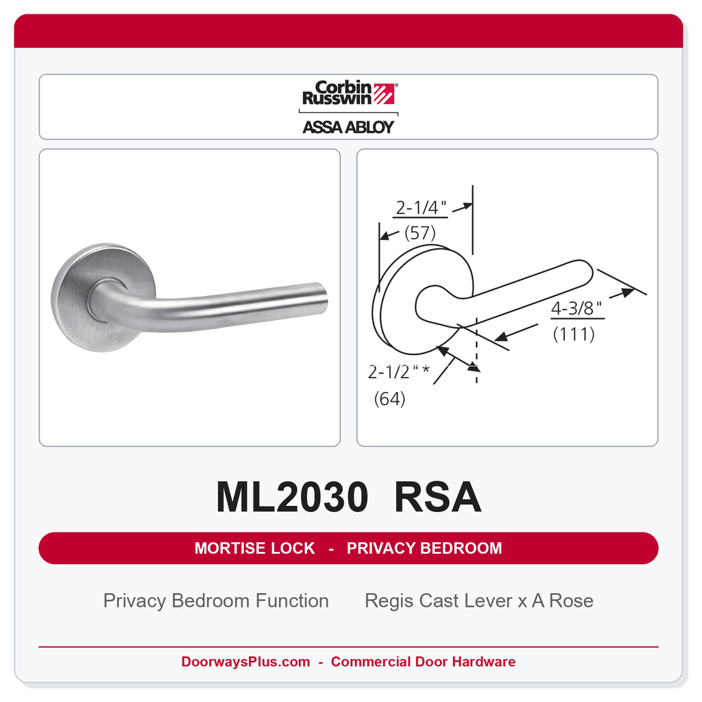 Corbin Russwin ML2030 RSA Privacy Bedroom or Bathroom Mortise Lockset | Grade 1 Commercial