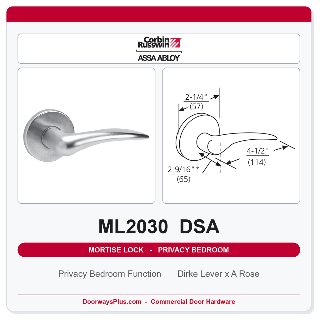 Corbin Russwin ML2030 DSA Privacy Bedroom or Bathroom Mortise Lockset | Grade 1 Commercial
