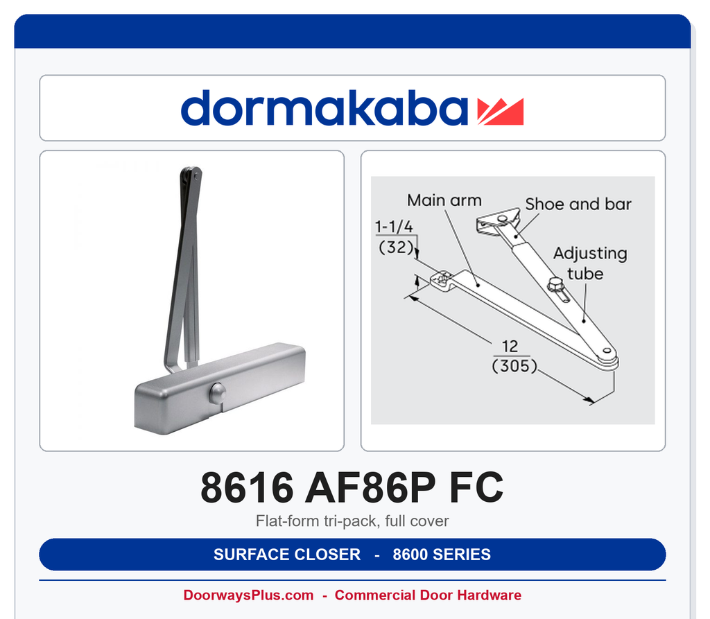 Dorma 8616 AF86P FC Surface Door Closer Non-Hold Open Tri-Pack Full Cover | ANSI Grade 1 | UL Listed