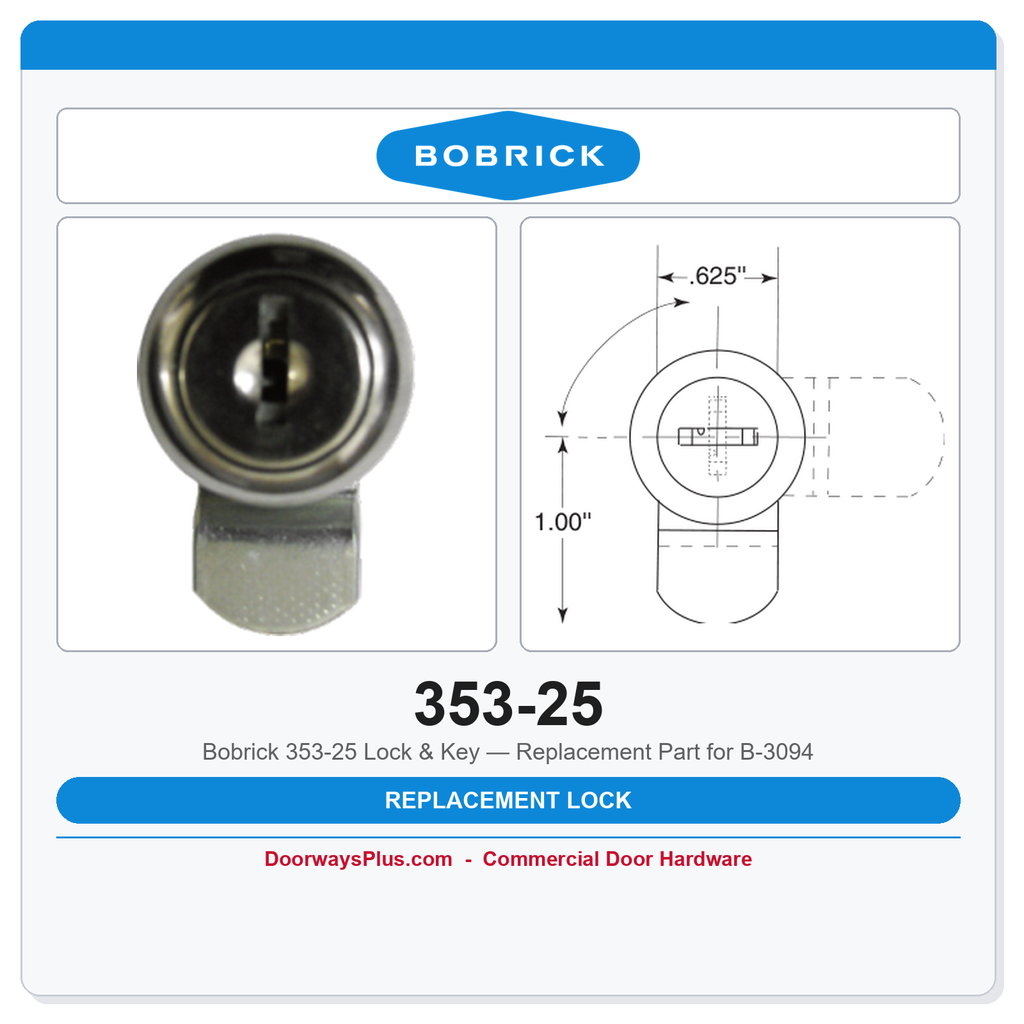 Bobrick 353-25 Lock & Key — Replacement Part for B-3094