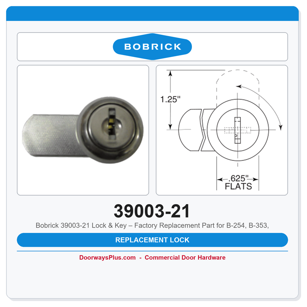 Bobrick 39003-21 Lock & Key – Factory Replacement Part for B-254, B-353, B-354, B-3570