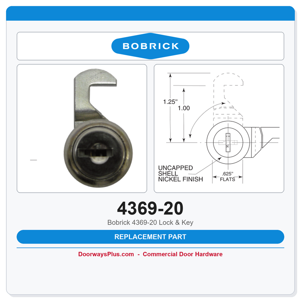 Bobrick 4369-20 Lock & Key — Replacement for B-4369, B-9262, B-9890
