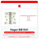 Hager BB1541 4x4 Ball Bearing Hinge Square Corner US32D Satin Stainless Steel