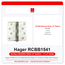 Hager RCBB1541 4x4 Ball Bearing Hinge 1/4" Radius US32D Satin Stainless Steel