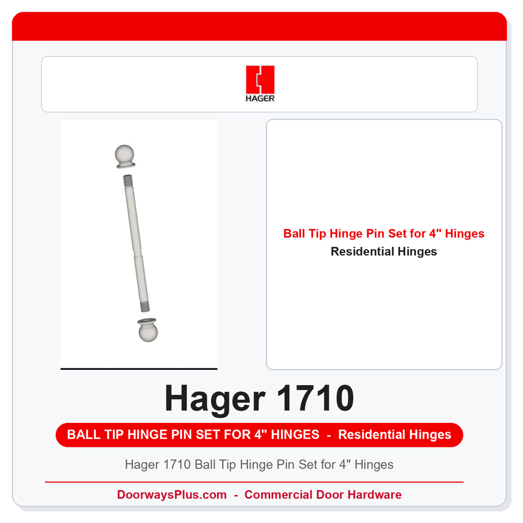 Hager 1710 Ball Tip Hinge Pin Set for 4" Hinges | Solid Brass Finials