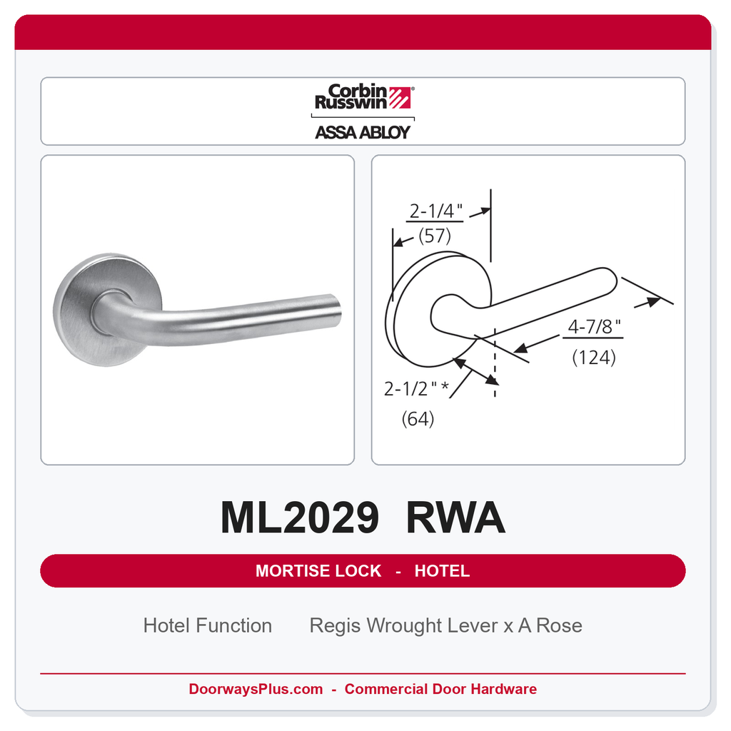 Corbin Russwin ML2029 RWA Hotel or Motel Mortise Lockset | Grade 1 Commercial