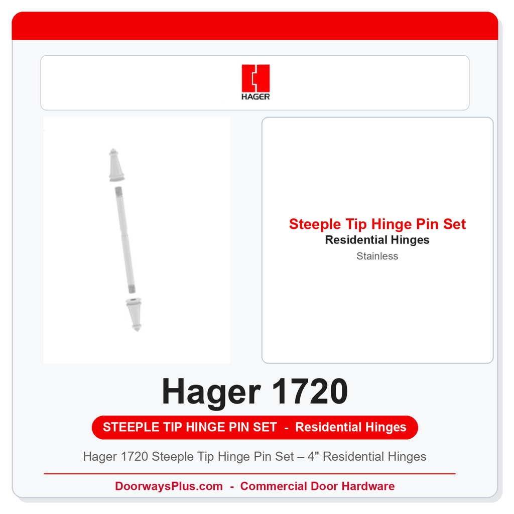 Hager 1720 Steeple Tip Hinge Pin Set – 4" Residential Hinges | Solid Brass & Stainless Steel