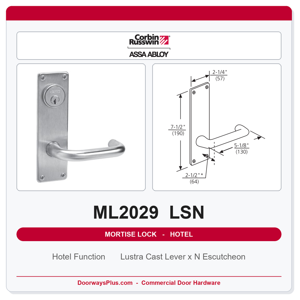 Corbin Russwin ML2029 LSN Hotel or Motel Mortise Lockset | Grade 1 Commercial