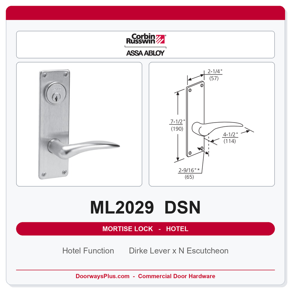 Corbin Russwin ML2029 DSN Hotel or Motel Mortise Lockset | Grade 1 Commercial