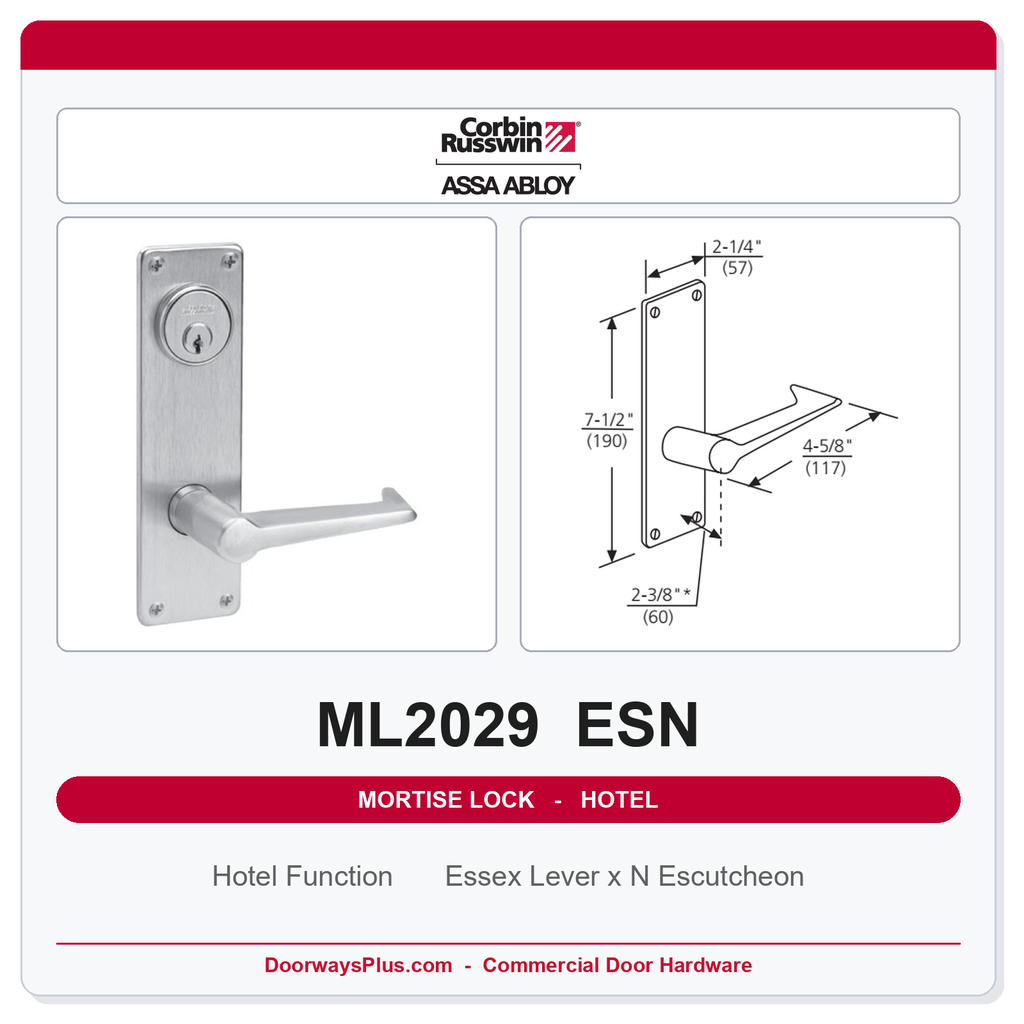 Corbin Russwin ML2029 ESN Hotel or Motel Mortise Lockset | Grade 1 Commercial