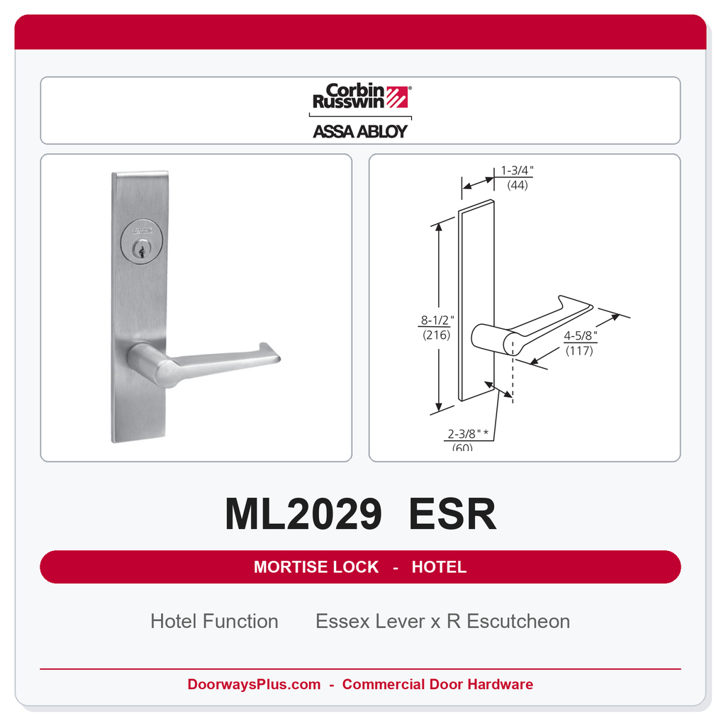 Corbin Russwin ML2029 ESR Hotel or Motel Mortise Lockset | Grade 1 Commercial