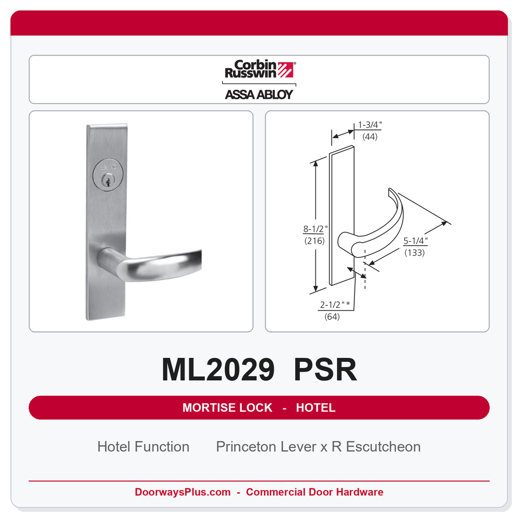 Corbin Russwin ML2029 PSR Hotel or Motel Mortise Lockset | Grade 1 Commercial