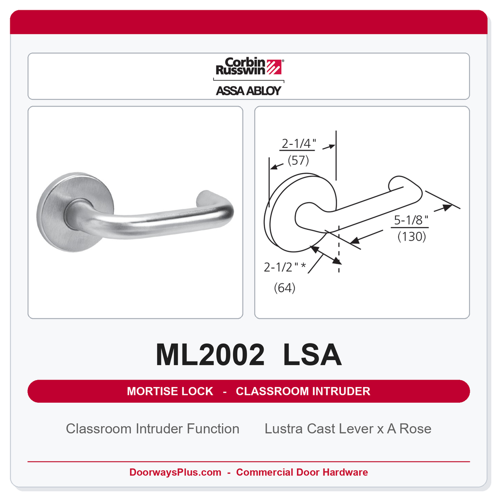 Corbin Russwin ML2002 LSA Classroom Intruder Mortise Lockset | Grade 1 Commercial