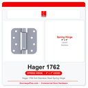 Hager 1762 4x4 Stainless Steel Spring Hinge | US32D Satin | 5/8" Radius