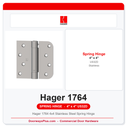 Hager 1764 4x4 Stainless Steel Spring Hinge | Square x 5/8" Radius | US32D Satin