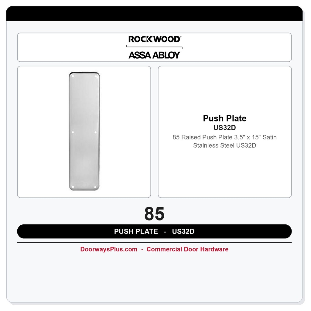 Rockwood 85 Raised Push Plate | 3.5" x 15" Satin Stainless Steel US32D