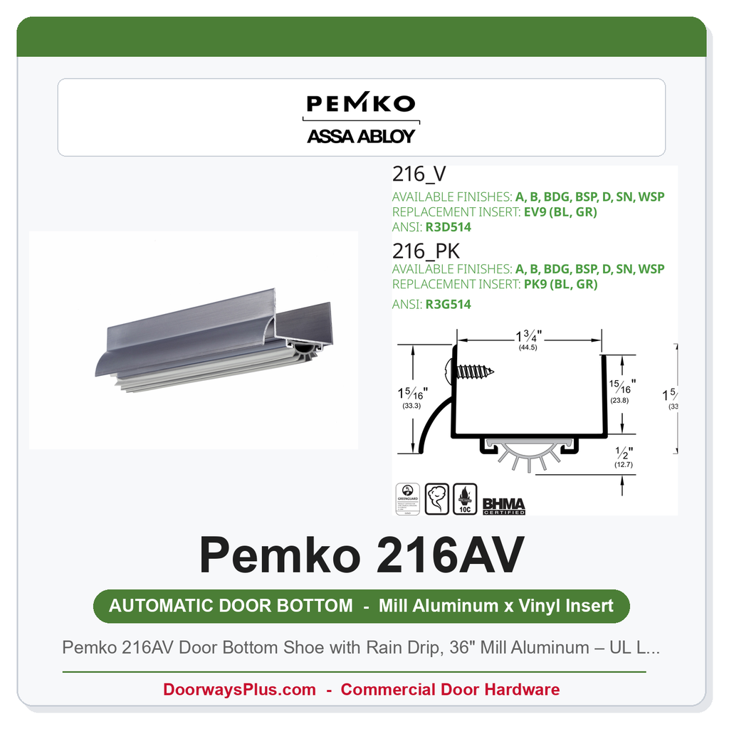 Pemko 216AV Door Bottom Shoe with Rain Drip, 36" Mill Aluminum – UL Listed, Fire Rated