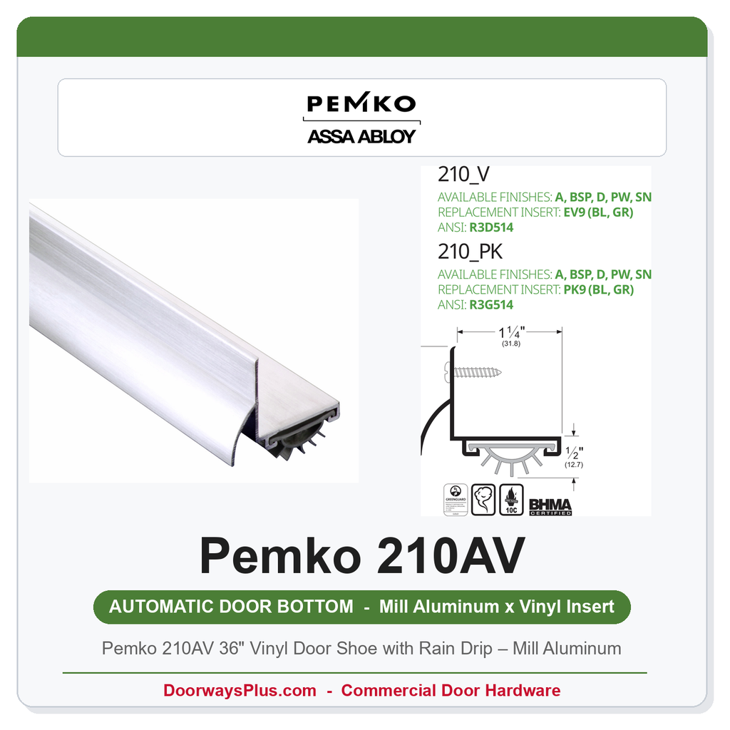 Pemko 210AV 36" Vinyl Door Shoe with Rain Drip – Mill Aluminum | UL Listed