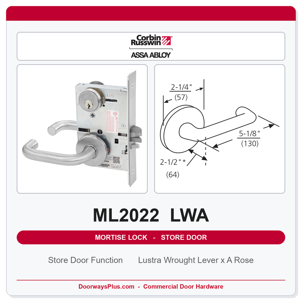 Corbin Russwin ML2022 LWA Store Door Mortise Lockset | Grade 1 Commercial