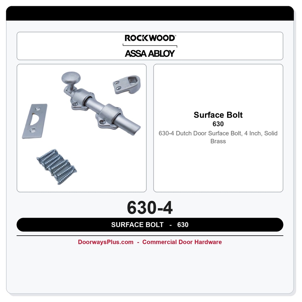 Rockwood 630-4 Dutch Door Surface Bolt, 4 Inch, Solid Brass