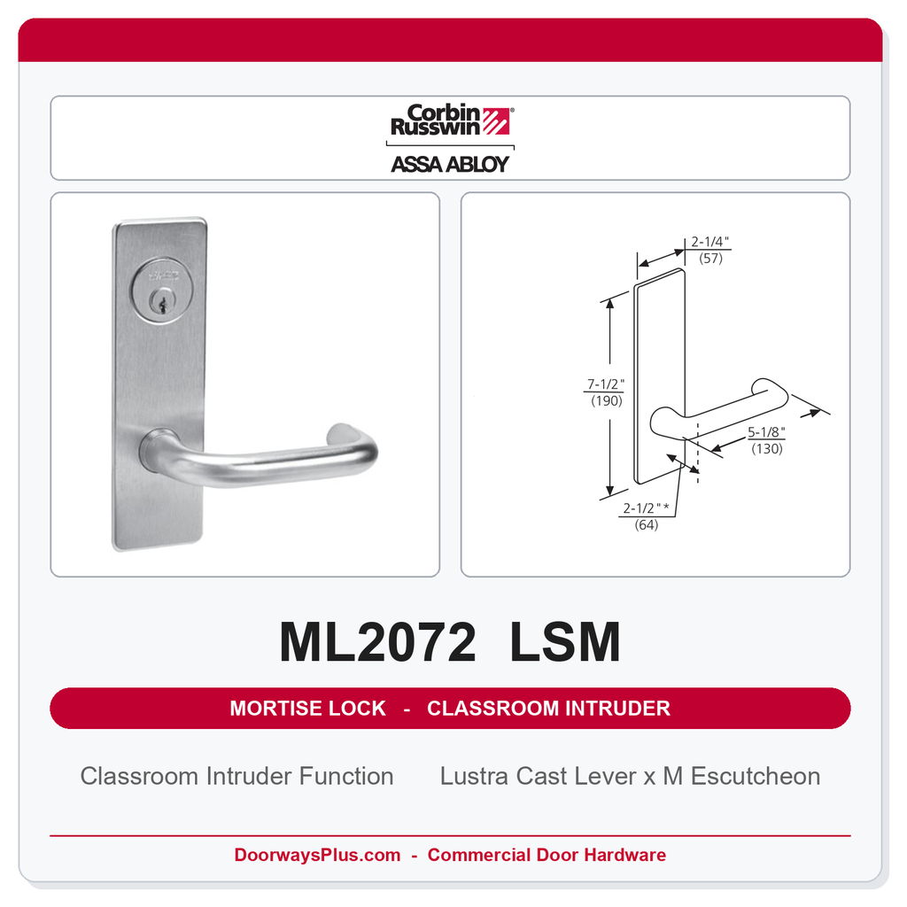 Corbin Russwin ML2072 LSM Classroom Intruder Mortise Lockset | Grade 1 Commercial