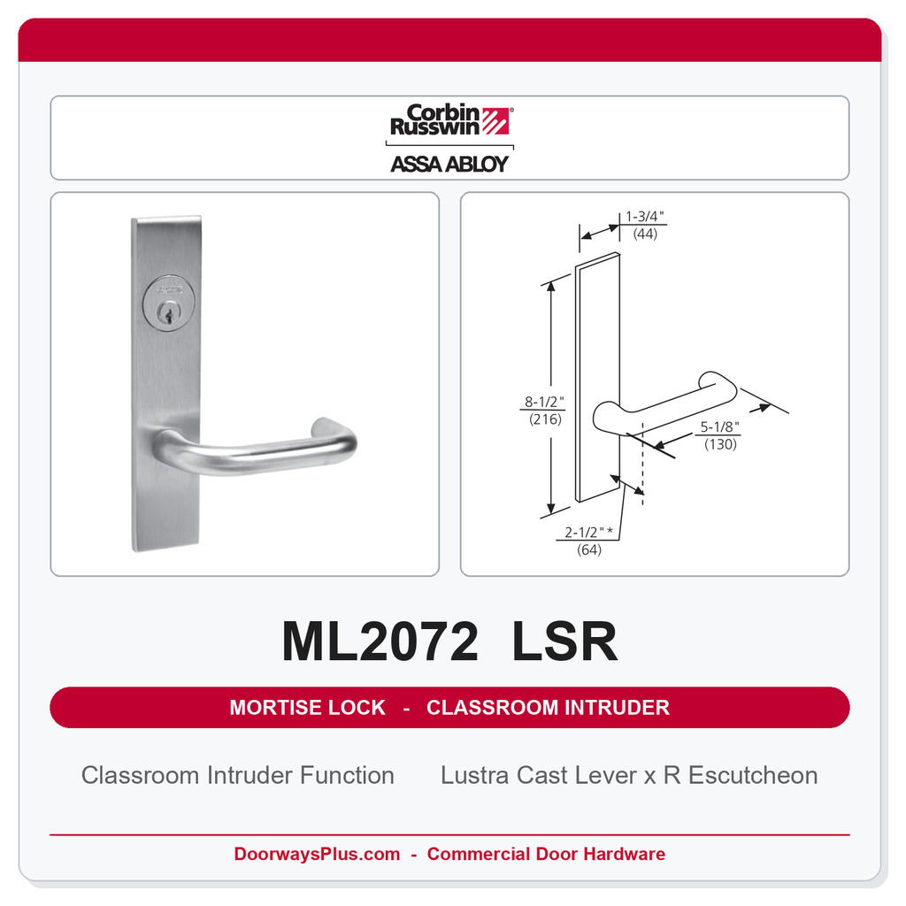Corbin Russwin ML2072 LSR Classroom Intruder Mortise Lockset | Grade 1 Commercial