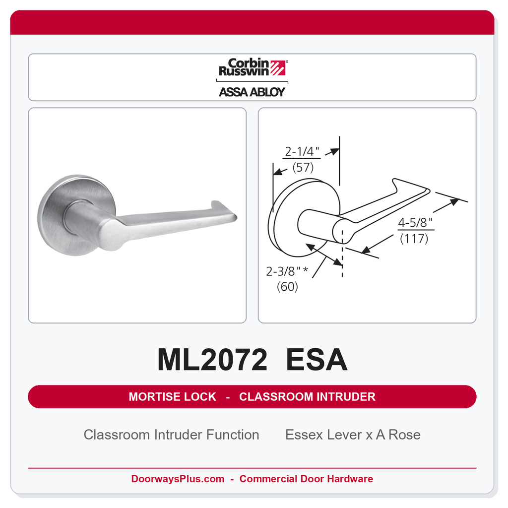 Corbin Russwin ML2072 ESA Classroom Intruder Mortise Lockset | Grade 1 Commercial