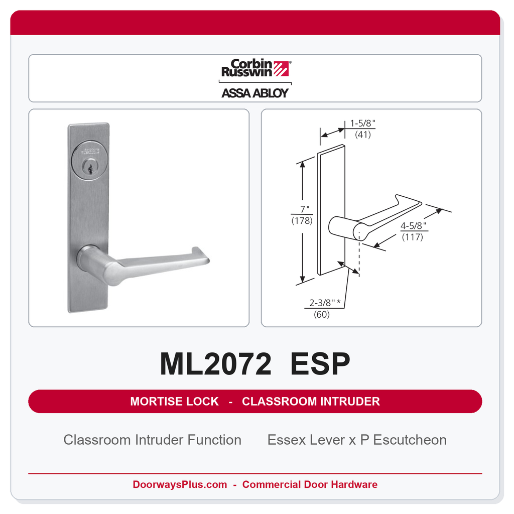 Corbin Russwin ML2072 ESP Classroom Intruder Mortise Lockset | Grade 1 Commercial