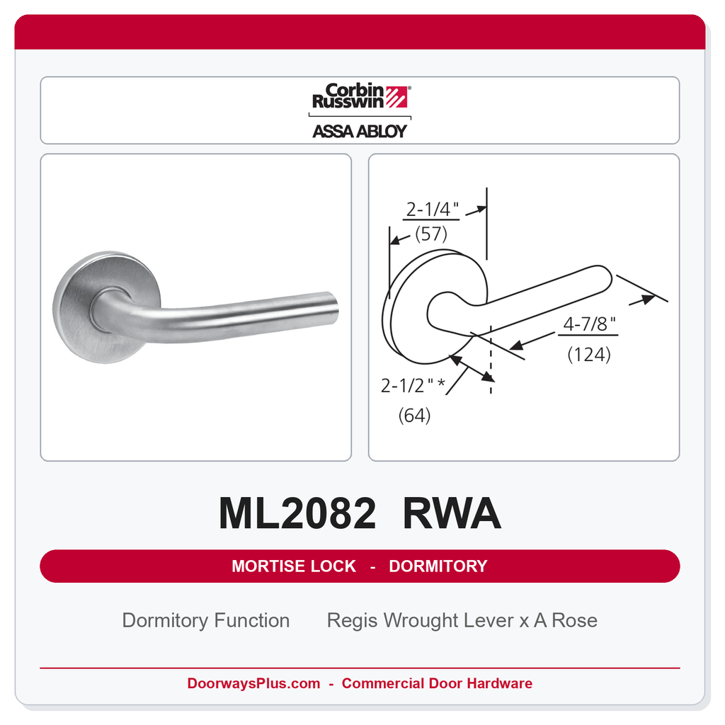 Corbin Russwin ML2082 RWA Dormitory or Exit Mortise Lockset | Grade 1 Commercial