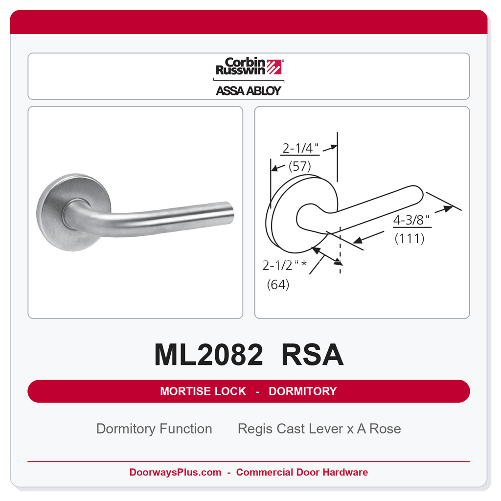 Corbin Russwin ML2082 RSA Dormitory or Exit Mortise Lockset | Grade 1 Commercial