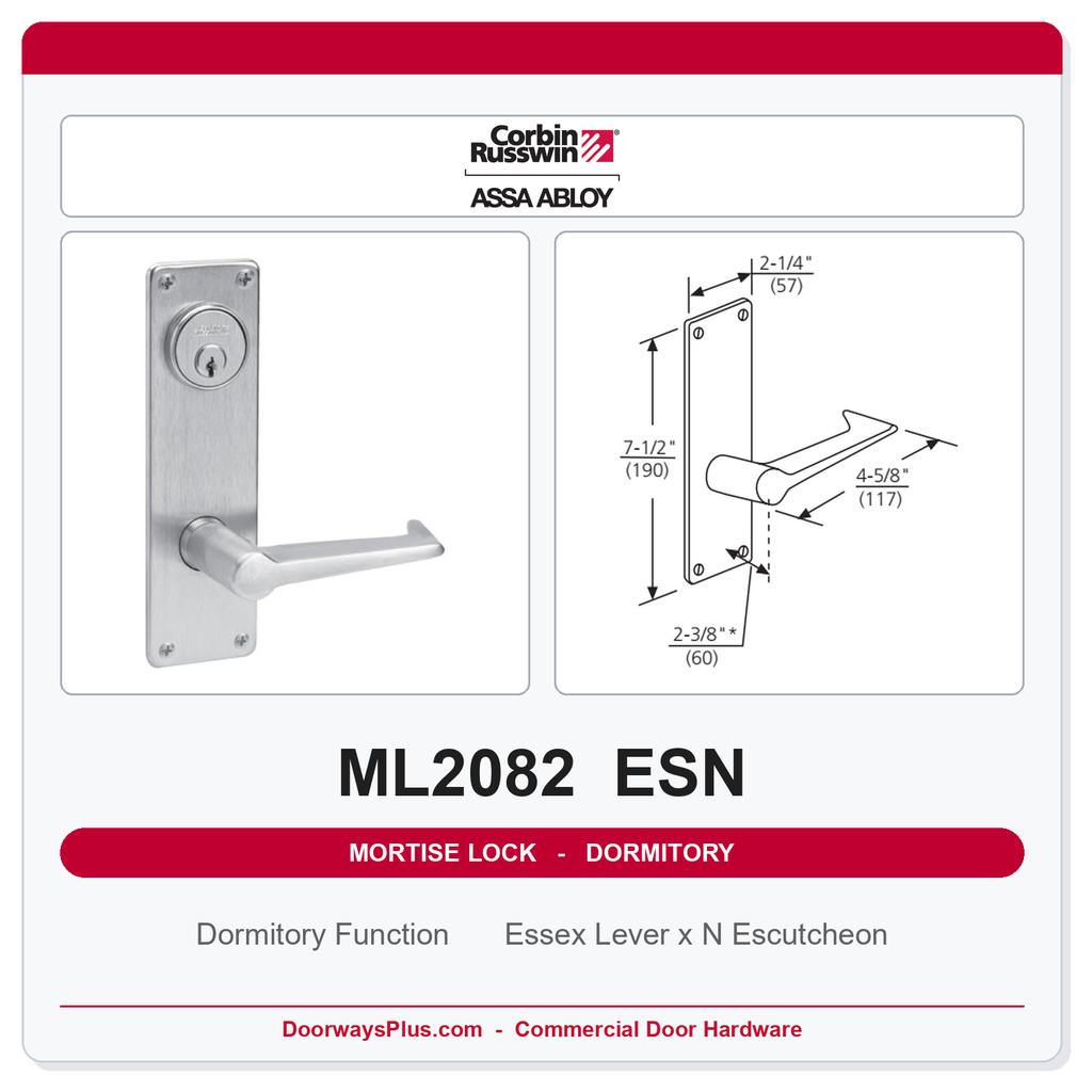 Corbin Russwin ML2082 ESN Dormitory or Exit Mortise Lockset | Grade 1 Commercial