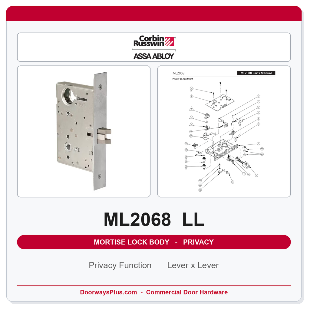 Corbin Russwin LB-ML2068 Mortise Lock Body - Privacy or Apartment Function