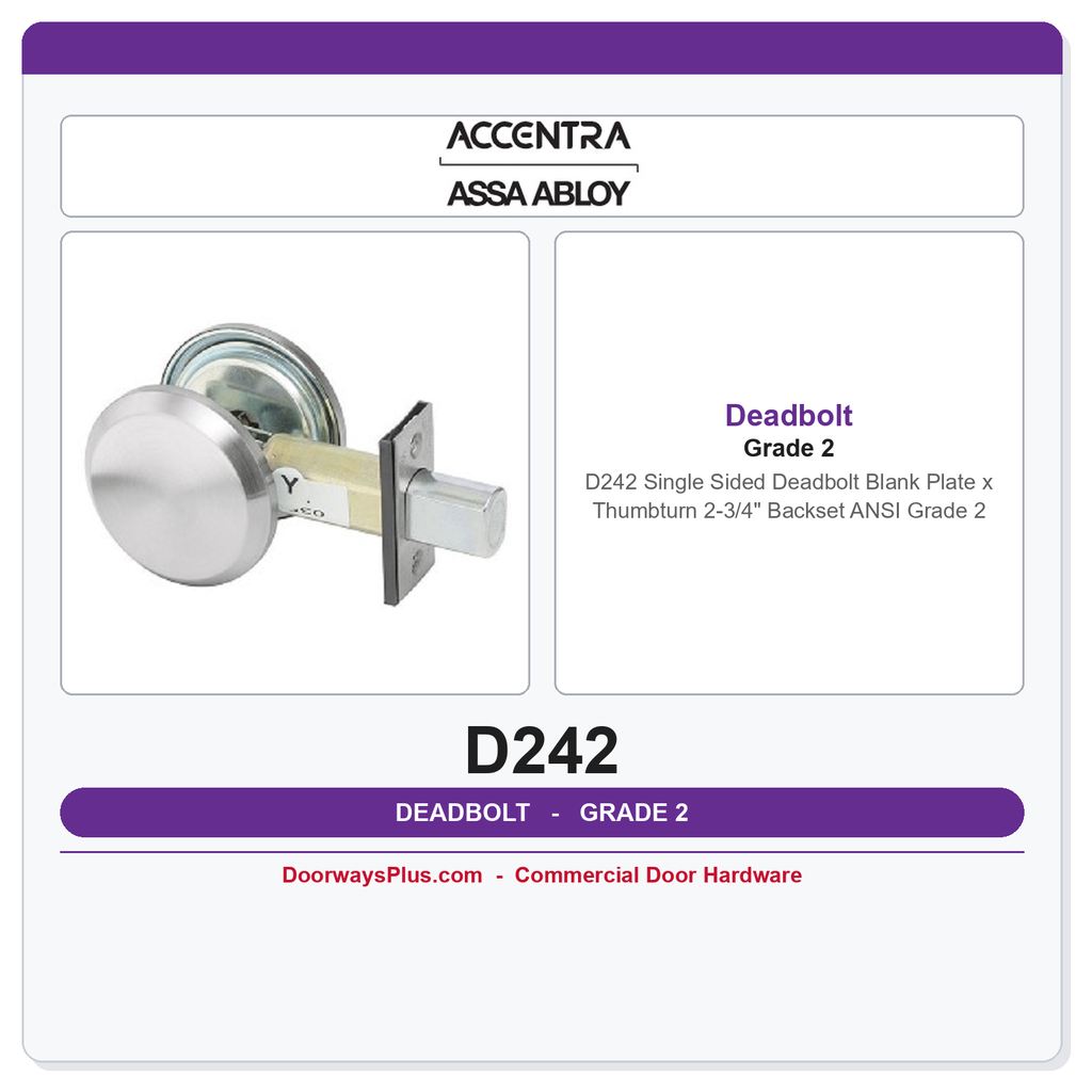 Accentra (Yale) D242 Single Sided Deadbolt | Blank Plate x Thumbturn | 2-3/4" Backset | ANSI Grade 2