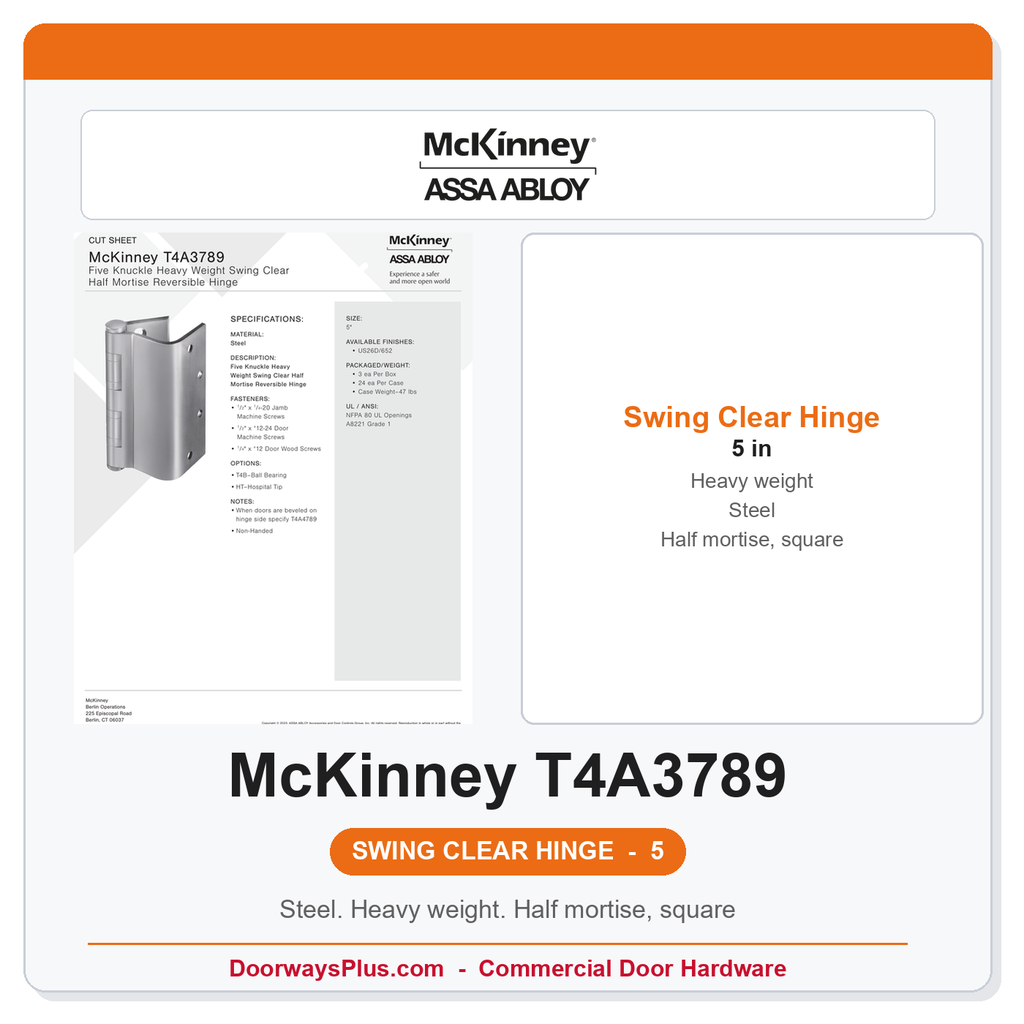 McKinney T4A3789 5 Swing Clear Half Mortise Heavy Weight Hinge